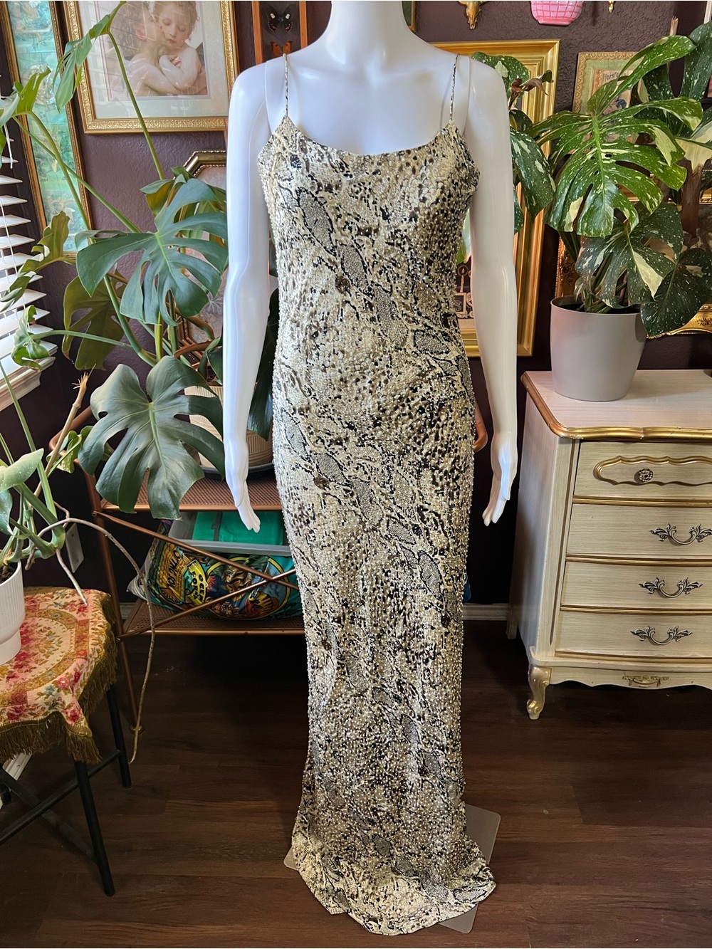Vintage Y2K Snake Print Embellished Gown